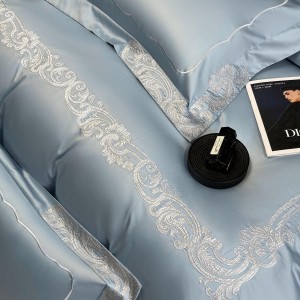 Hot-selling blue 4-pieces textile embroidery 2m/2.2m 140S Pima cotton bedsheet flat sheets 1.8m quilt cover premium bedding set manufacture