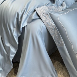 Hot-selling blue 4-pieces textile embroidery 2m/2.2m 140S Pima cotton bedsheet flat sheets 1.8m quilt cover premium bedding set manufacture