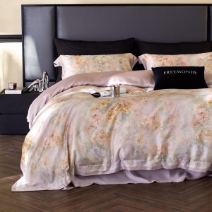 Light luxury pink satin cotton bed linen exquisite king size house printing comforter cover bedroom bedding set wholesaler