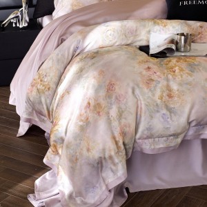 Light luxury pink satin cotton bed linen exquisite king size house printing comforter cover bedroom bedding set wholesaler