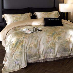 Light luxury pink satin cotton bed linen exquisite king size house printing comforter cover bedroom bedding set wholesaler