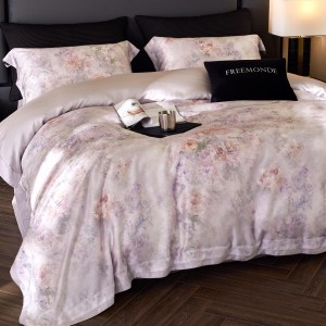 Light luxury pink satin cotton bed linen exquisite king size house printing comforter cover bedroom bedding set wholesaler
