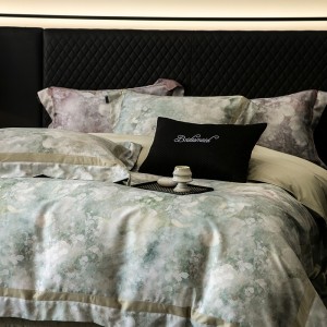 High-grade home textile gold jacquard digital printing bedcover breathable lyocell cotton flat fitted sheet  bedding set