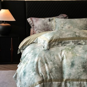 High-grade home textile gold jacquard digital printing bedcover breathable lyocell cotton flat fitted sheet  bedding set