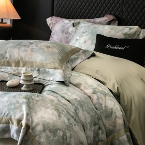 High-grade home textile gold jacquard digital printing bedcover breathable lyocell cotton flat fitted sheet  bedding set