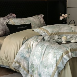 High-grade home textile gold jacquard digital printing bedcover breathable lyocell cotton flat fitted sheet  bedding set