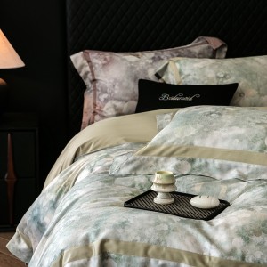 High-grade home textile gold jacquard digital printing bedcover breathable lyocell cotton flat fitted sheet  bedding set