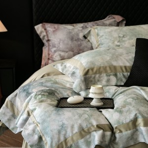 High-grade home textile gold jacquard digital printing bedcover breathable lyocell cotton flat fitted sheet  bedding set