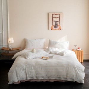Spring and Summer Knitted Cotton Stripe Printing Pink Flat Sheet Embroidery Duvet Quilt Cover Bedding Set