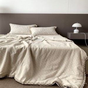 White Cotton Linen Jacquard Summer Quilt Bed Sheets Breathable Lace Embroidery Bedding Set