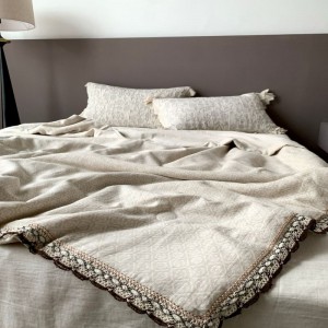 White Cotton Linen Jacquard Summer Quilt Bed Sheets Breathable Lace Embroidery Bedding Set