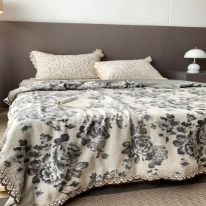 Lace embroidery summer quilts black floral printing super soft linen cotton bed sheets bedding set