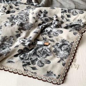 Lace embroidery summer quilts black floral printing super soft linen cotton bed sheets bedding set