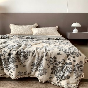 Lace embroidery summer quilts black floral printing super soft linen cotton bed sheets bedding set