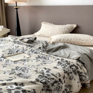 Lace embroidery summer quilts black floral printing super soft linen cotton bed sheets bedding set