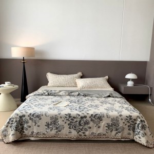 Lace embroidery summer quilts black floral printing super soft linen cotton bed sheets bedding set