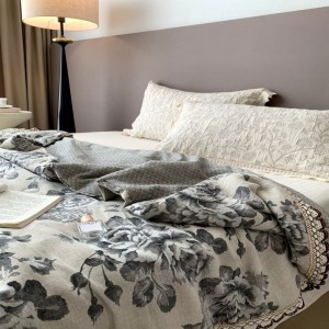 Lace embroidery summer quilts black floral printing super soft linen cotton bed sheets bedding set