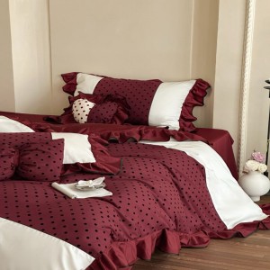 Light luxury home textile red digital printing quilt cover long staple cotton bed sheets lace edge bedding set