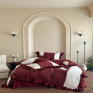 Light luxury home textile red digital printing quilt cover long staple cotton bed sheets lace edge bedding set