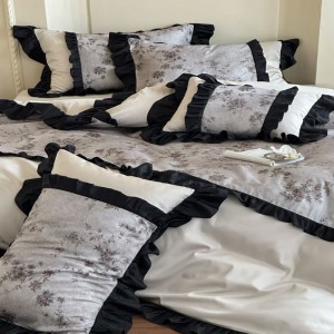 High end long staple cotton home textile black lace edge quilt cover soft bed sheets bedding set
