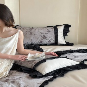 High end long staple cotton home textile black lace edge quilt cover soft bed sheets bedding set
