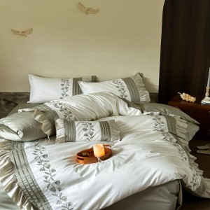 High-end home textile green exquisite embroidered quilt duvet cover queen/king size flat bed sheet 100S cotton bedding set