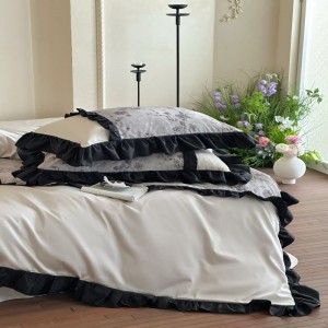 High end long staple cotton home textile black lace edge quilt cover soft bed sheets bedding set