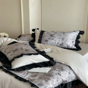 High end long staple cotton home textile black lace edge quilt cover soft bed sheets bedding set