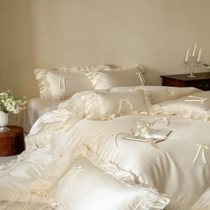Lyocell cotton white lace embroidery quilt cover bed sheets bedding set