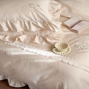 Cream yellow lace edge embroidery quilt cover breathable long staple cotton bed sheets bedding set