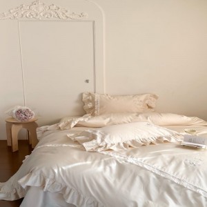 Cream yellow lace edge embroidery quilt cover breathable long staple cotton bed sheets bedding set