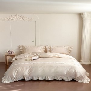 Cream yellow lace edge embroidery quilt cover breathable long staple cotton bed sheets bedding set
