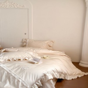 Cream yellow lace edge embroidery quilt cover breathable long staple cotton bed sheets bedding set