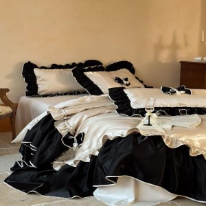 100S long staple cotton high grade lace quilt cover bed sheets black white bedding set