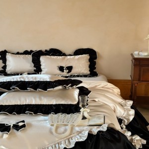 100S long staple cotton high grade lace quilt cover bed sheets black white bedding set
