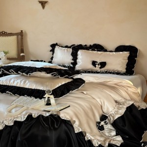 100S long staple cotton high grade lace quilt cover bed sheets black white bedding set