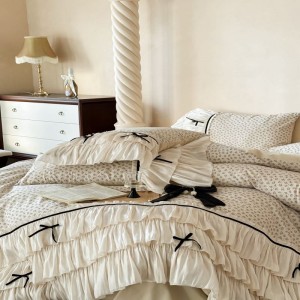 100% cotton yarn bed sheets lace edge floral plant printing quilt cover white washed cotton bedding set