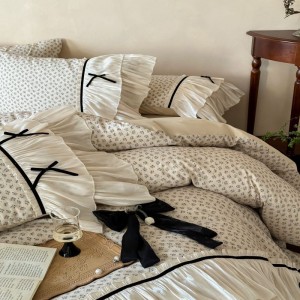 100% cotton yarn bed sheets lace edge floral plant printing quilt cover white washed cotton bedding set