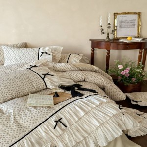 100% cotton yarn bed sheets lace edge floral plant printing quilt cover white washed cotton bedding set