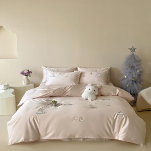 A class 100S long staple cotton cute cartoon embroidery quilt cover soft bed sheets pink kids bedding set
