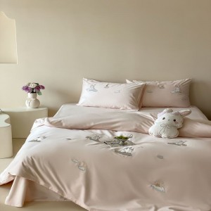 A class 100S long staple cotton cute cartoon embroidery quilt cover soft bed sheets pink kids bedding set