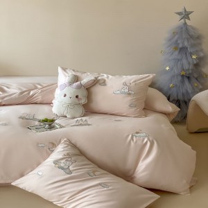 A class 100S long staple cotton cute cartoon embroidery quilt cover soft bed sheets pink kids bedding set