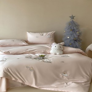 A class 100S long staple cotton cute cartoon embroidery quilt cover soft bed sheets pink kids bedding set