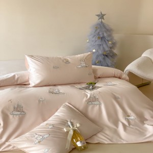 A class 100S long staple cotton cute cartoon embroidery quilt cover soft bed sheets pink kids bedding set