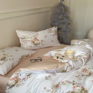 Cartoon digital printing quilt cover 500tc long staple cotton bed sheets pink bedding set