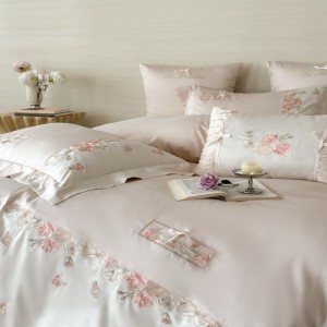 100S super soft cotton home textile floral plant embroidery quilt cover light luxury pink bedding set