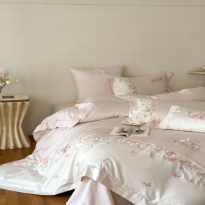 100S super soft cotton home textile floral plant embroidery quilt cover light luxury pink bedding set