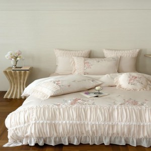 Lace edge embroidery quilt cover super soft bed sheets queen king pink floral bedding set