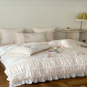 Lace edge embroidery quilt cover super soft bed sheets queen king pink floral bedding set