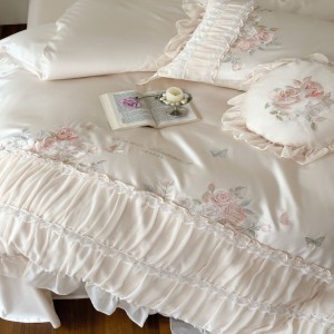 Lace edge embroidery quilt cover super soft bed sheets queen king pink floral bedding set